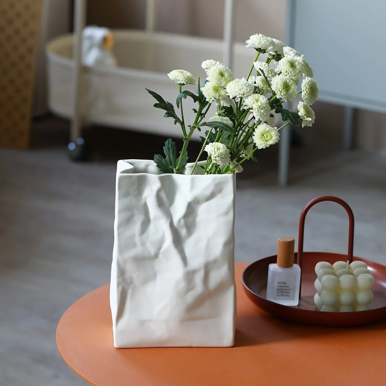 1Pc Crinkle Paper Bag Vase, Minimalist Nordic Boho Style Ceramic Vase for Modern Home Decor, Wedding Party, Gift