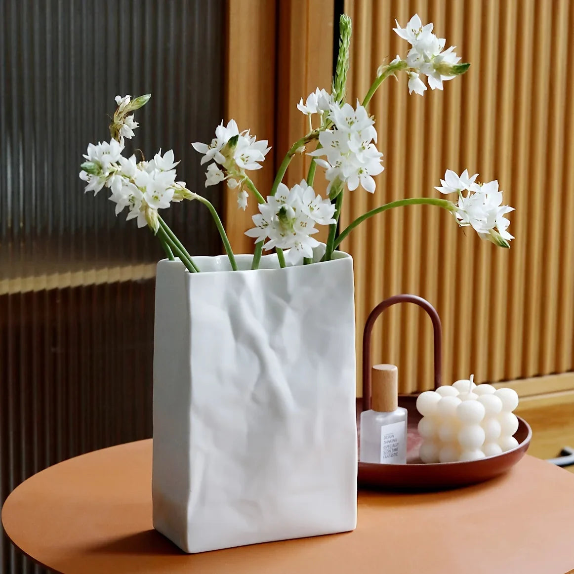 1Pc Crinkle Paper Bag Vase, Minimalist Nordic Boho Style Ceramic Vase for Modern Home Decor, Wedding Party, Gift