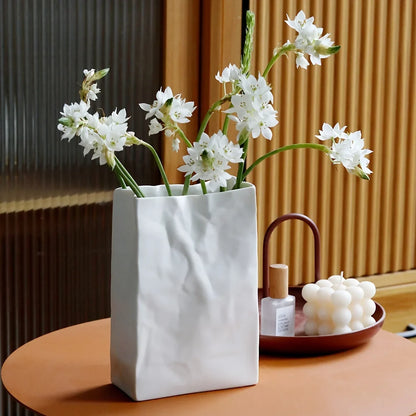 1Pc Crinkle Paper Bag Vase, Minimalist Nordic Boho Style Ceramic Vase for Modern Home Decor, Wedding Party, Gift
